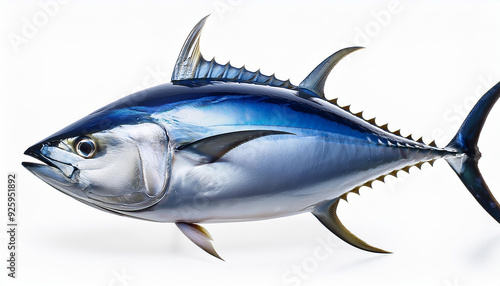 鮮やかな青みを帯びたマグロが横向きに描かれています。マグロの体は滑らかで、鱗が光を反射して美しい光沢を放っています。背中の鋭いヒレや力強い尾が特徴的で、背景は白で、マグロのフォルムが際立つシンプルな構図です。generative AI