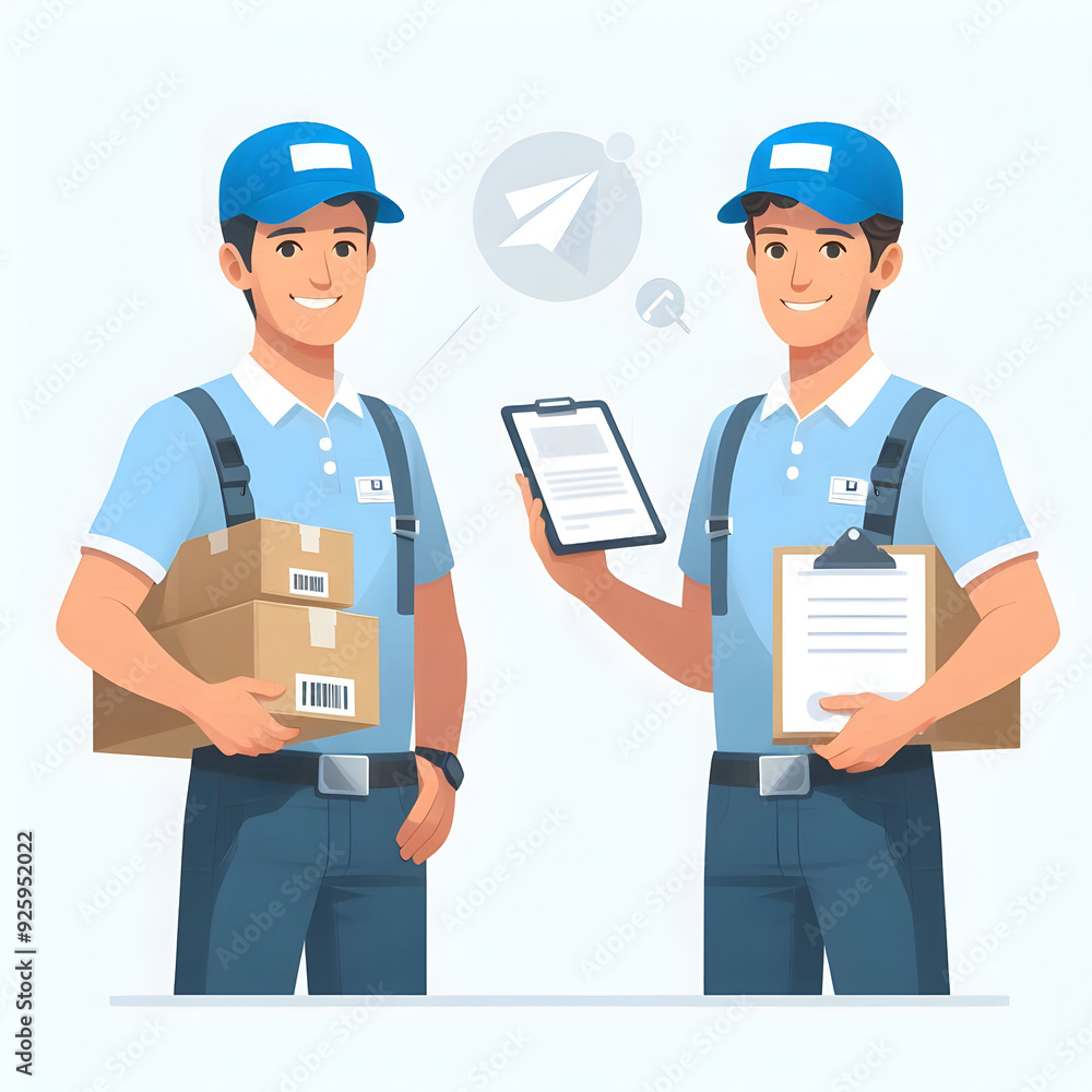 Two Couriers with Delivery Boxes and Clipboards - Efficient and Friendly Service Two Couriers with Delivery Boxes and Clipboards - Efficient and Friendly Service