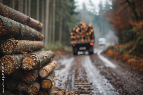 Timber transport  truck hauling logs from forest, wooden pellets stacked in foreground photo