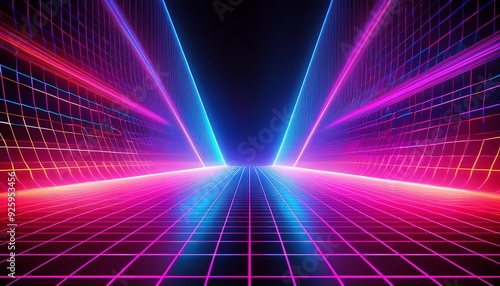 A vibrant  retro-inspired background featuring a wireframe grid with neon glows in bright pinks  purples  and blues  evoking a sense of 1980s nostalgia
