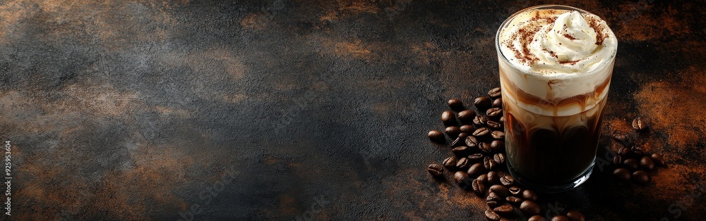 Iced coffee with cream and coffee beans on a dark surface Iced coffee with cream and coffee beans on a dark surface