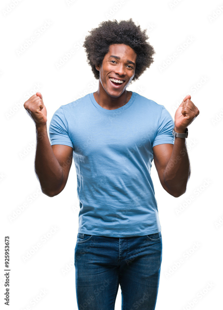 Afro american man over isolated background celebrating surprised and amazed for success with arms raised and open eyes. Winner concept. Afro american man over isolated background celebrating surprised and amazed for success with arms raised and open eyes. Winner concept.