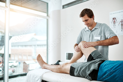 Patient, man or physiotherapist with leg rehabilitation in office for injury for orthopedic support. Healing, mobility or professional pt ready for physiotherapy service for recovery or help