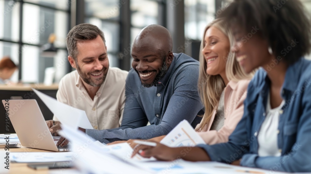 A group of four professionals engage in a lively discussion, reviewing documents and sharing smiles in a contemporary office setting A group of four professionals engage in a lively discussion, reviewing documents and sharing smiles in a contemporary office setting