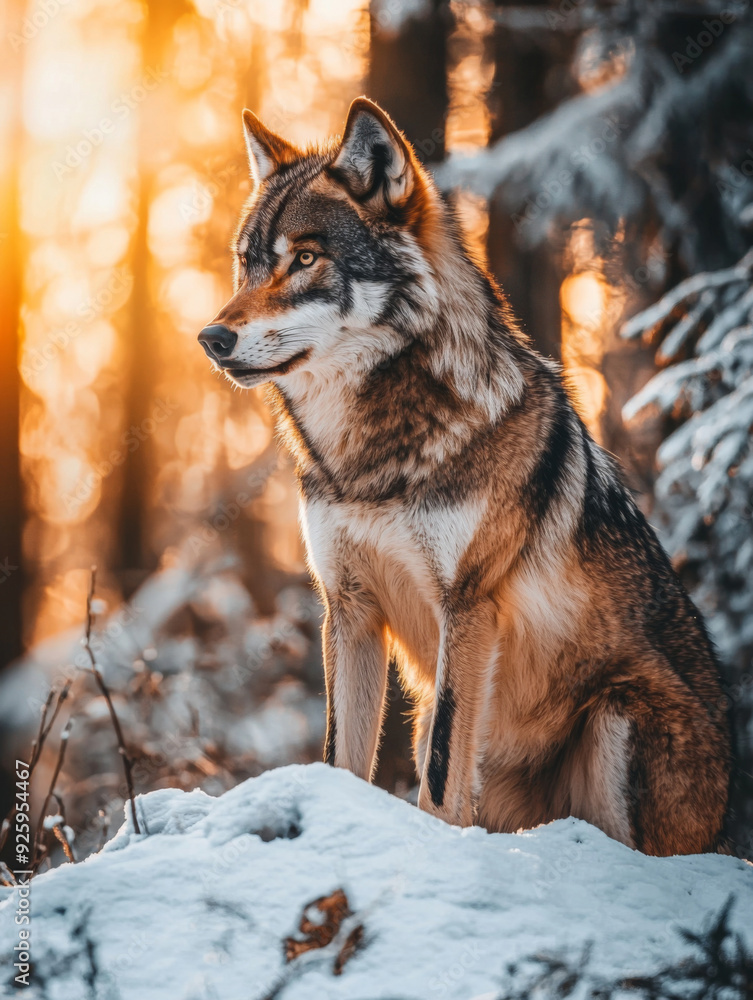 Fototapeta premium A wolf is sitting on a snowy hillside, looking at the camera