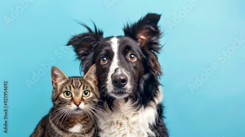 A charming dog and cat together. This image showcases their friendship against a vibrant blue background. Perfect for pet lovers and animal enthusiasts. Capture their bond. AI