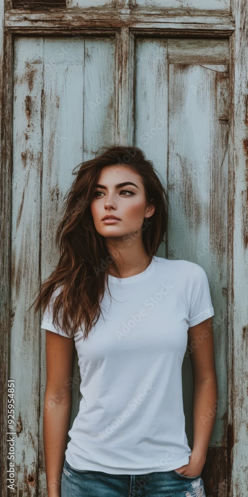 Fototapeta premium Young woman in a white t-shirt poses against a weathered wooden door