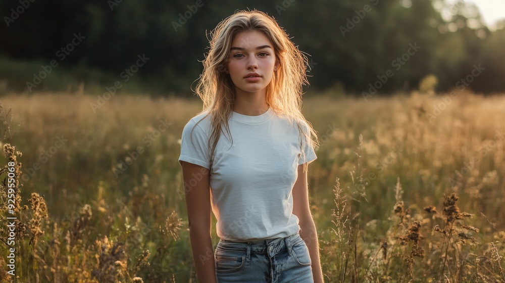 Beautiful woman in a white t-shirt standing in a sunlit field Beautiful woman in a white t-shirt standing in a sunlit field