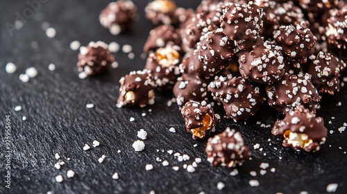 A close-up of popcorn covered in a rich chocolate coating, with a sprinkle of sea salt, placed on a dark slate surface for a gourmet presentation