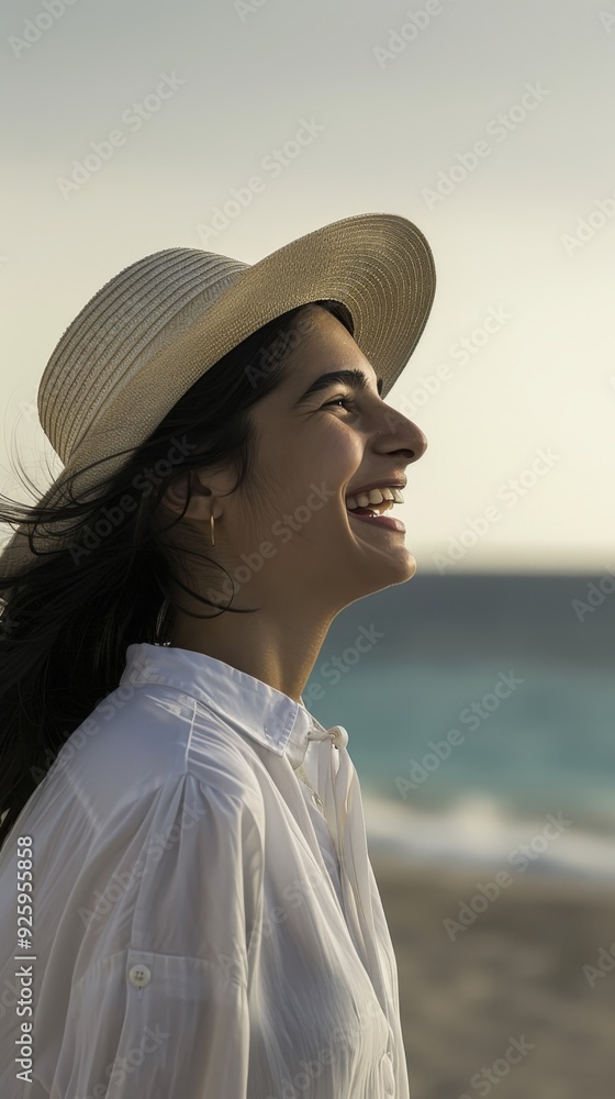 Joyful woman in a white t-shirt enjoying a seaside sunset Joyful woman in a white t-shirt enjoying a seaside sunset