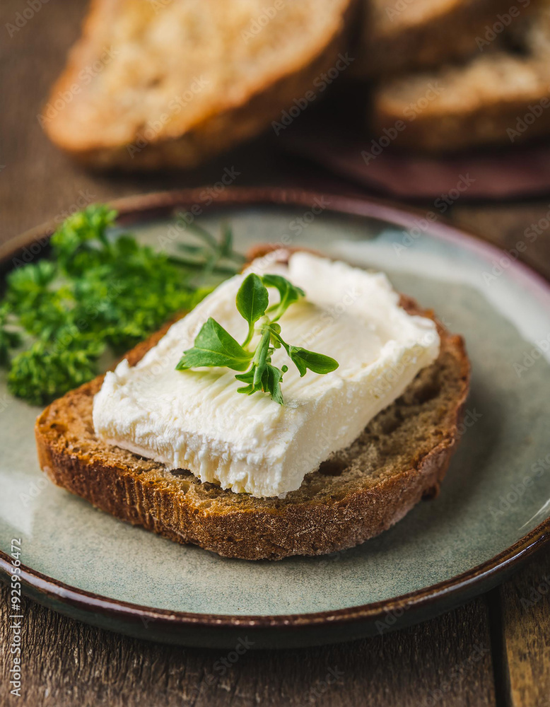 Creamy homemade cheese on slice of crusty bread with fresh herbs on plate, wooden table Creamy homemade cheese on slice of crusty bread with fresh herbs on plate, wooden table