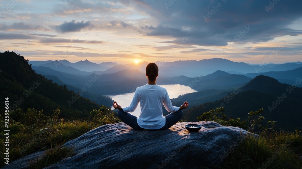 Woman meditating on mountaintop at sunrise. Woman meditating on mountaintop at sunrise.