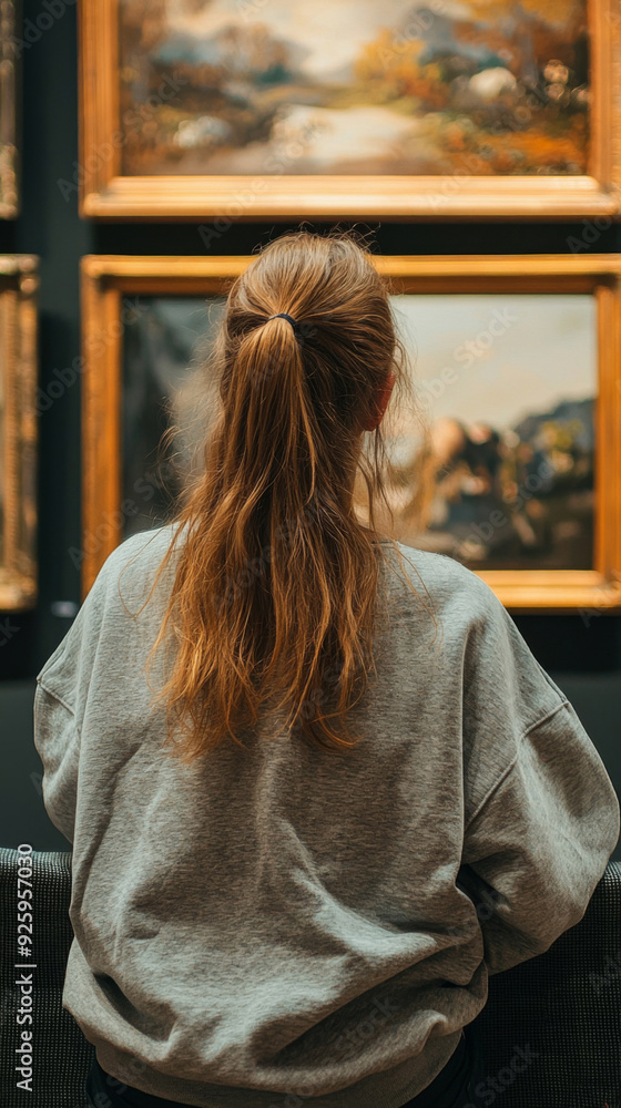 A woman with long brown hair is sitting in front of a painting A woman with long brown hair is sitting in front of a painting
