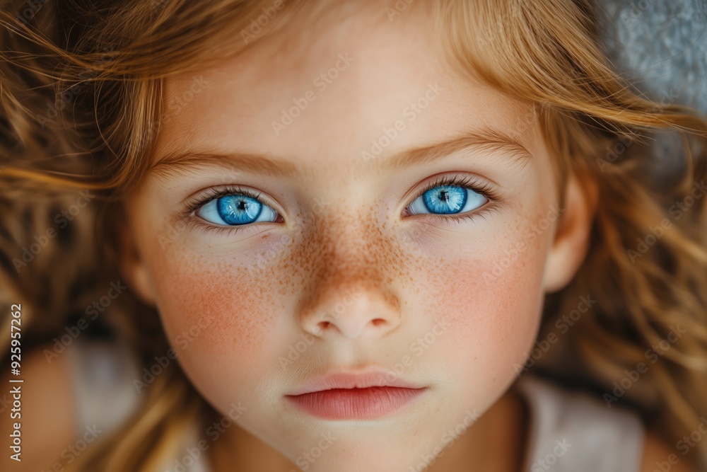 A close up portrait of a beautiful serious blue eyed girl looking in camera A close up portrait of a beautiful serious blue eyed girl looking in camera