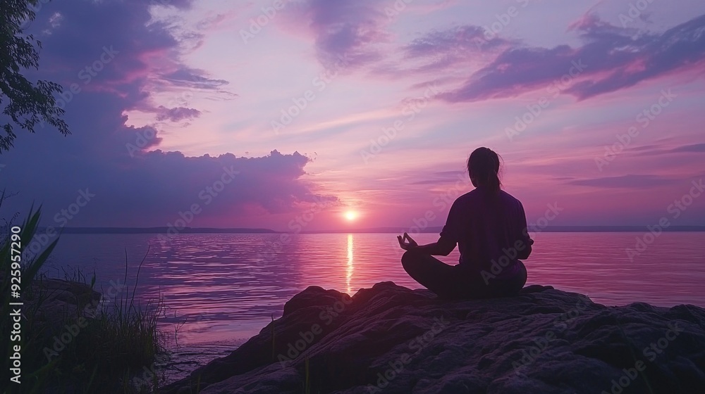 A person meditates peacefully as the sun sets over the calm waters A person meditates peacefully as the sun sets over the calm waters