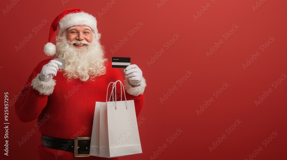 Naklejka premium Jolly Santa Claus Shopping with Credit Card on Festive Red Background, Generative Ai