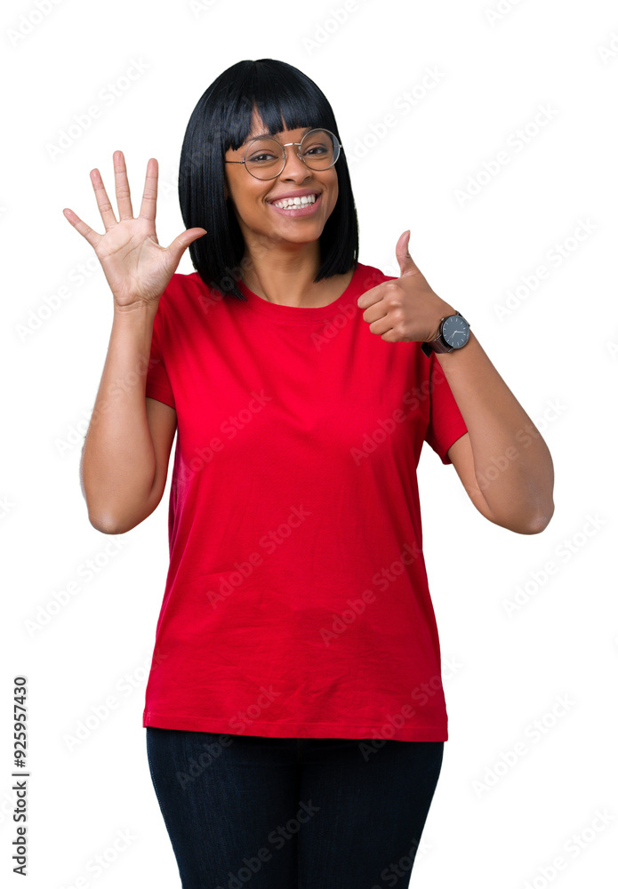 Beautiful young african american woman wearing glasses over isolated background showing and pointing up with fingers number six while smiling confident and happy. Beautiful young african american woman wearing glasses over isolated background showing and pointing up with fingers number six while smiling confident and happy.