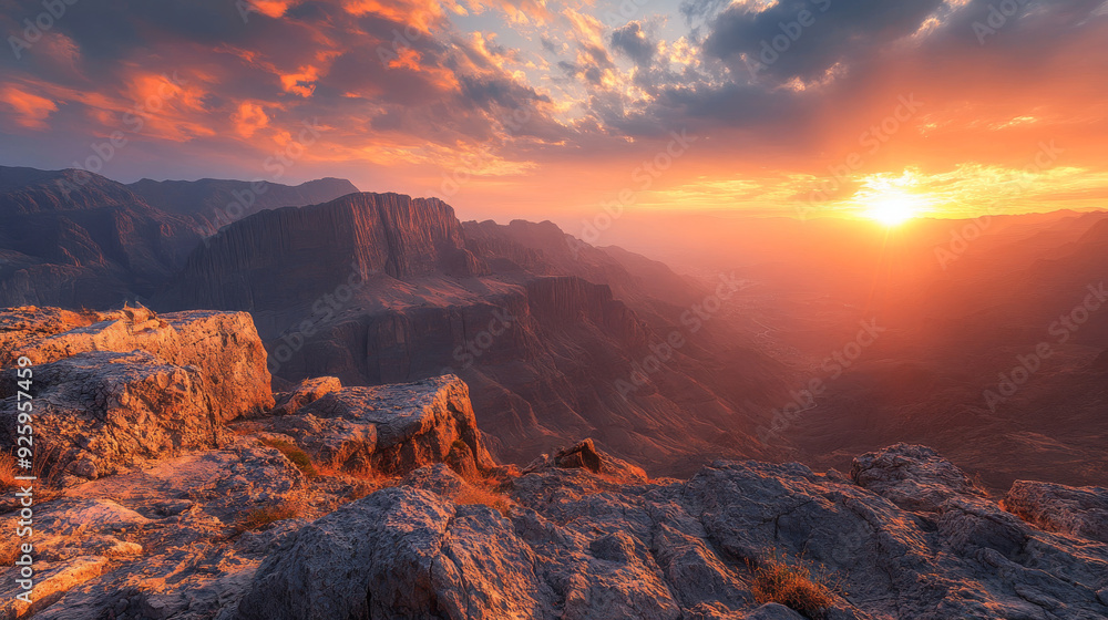 Obraz premium A breathtaking sunset bathes Jabal Shams Mountain in Oman in a fiery glow. --ar 16:9 --v 6.1 Job ID: e2736ed6-88a1-4487-bcf3-1778cee8ce6b