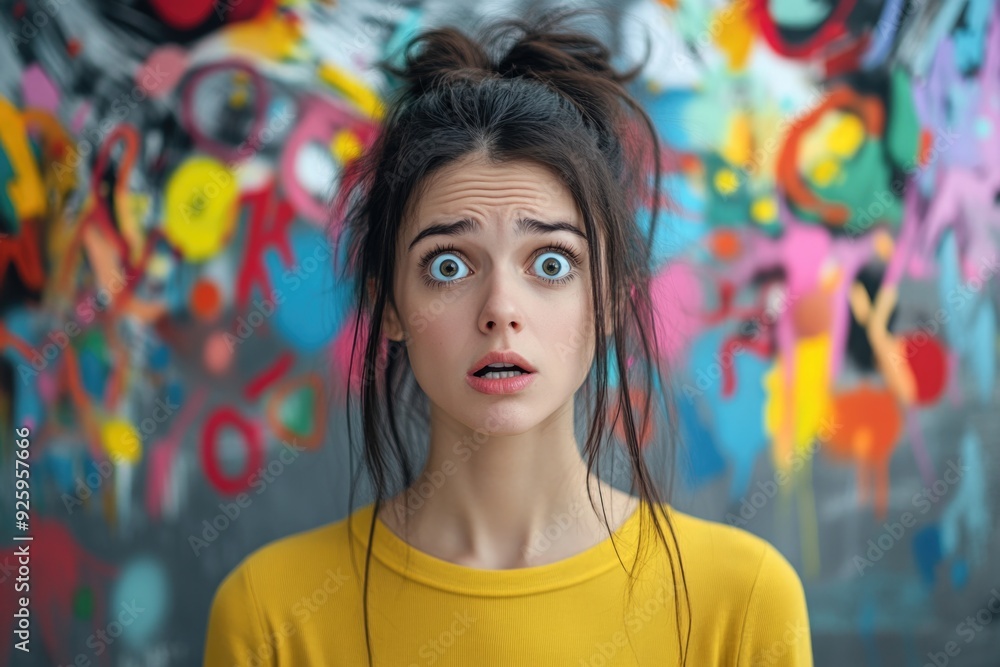 The woman looks terrified, her wide eyes capturing intense emotions of fear The woman looks terrified, her wide eyes capturing intense emotions of fear