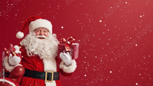 Jolly Santa Claus Surprising Shoppers with Festive Gifts on Red Background, Generative Ai