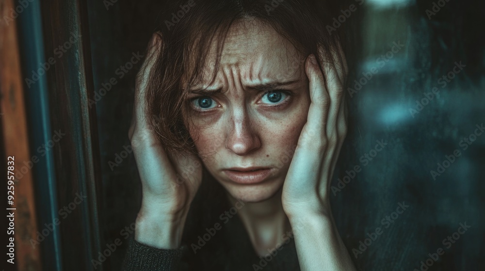 A woman looks distressed with her hands on her head, lost in thought A woman looks distressed with her hands on her head, lost in thought