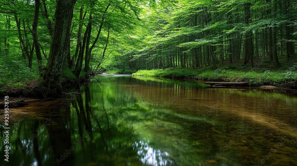 Serene River in Lush Forest: A tranquil stream meanders through a verdant forest, sunlight filtering through the canopy, reflecting on the water's surface. Serene River in Lush Forest: A tranquil stream meanders through a verdant forest, sunlight filtering through the canopy, reflecting on the water's surface.