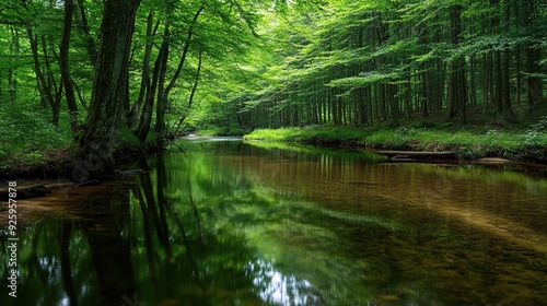 Serene River in Lush Forest: A tranquil stream meanders through a verdant forest, sunlight filtering through the canopy, reflecting on the water's surface.