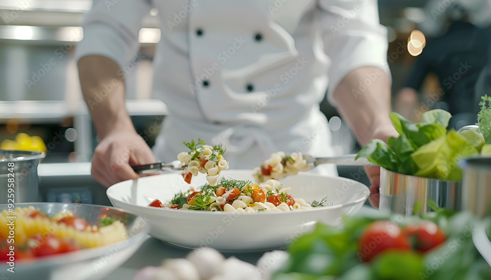 Chef hands preparing delicious cold pasta salad on the table closeup Chef hands preparing delicious cold pasta salad on the table closeup