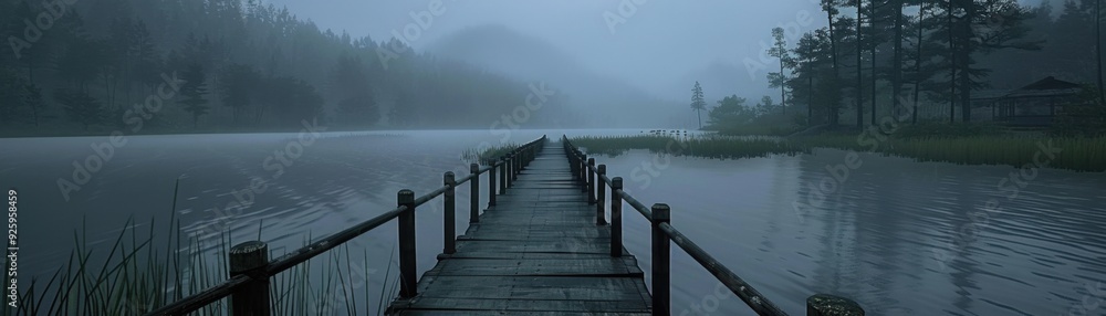 Naklejka premium Misty wooden pier leading into a serene foggy lake surrounded by trees and hills, creating a tranquil and mysterious atmosphere.