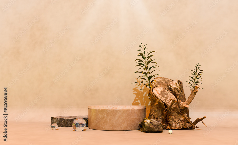Fototapeta premium 3D product podium cylinder nature and rock background indoor podium wooden texture design element modern advertising bright wooden color background template
