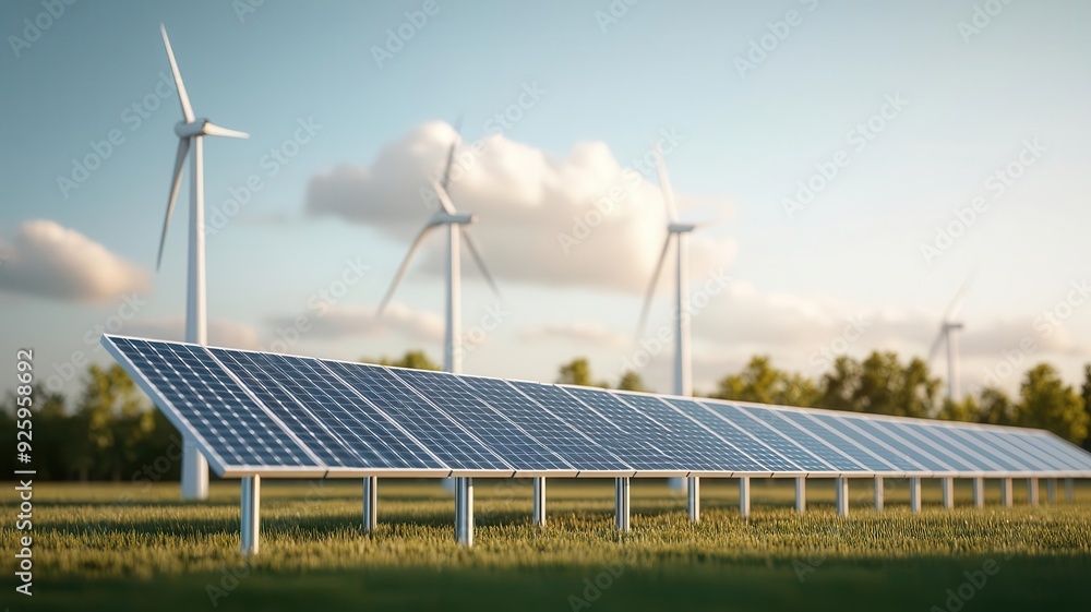 A hybrid renewable energy station utilizing solar panels, wind turbines, and waste-to-energy processes to achieve zero-waste, photo-realistic, advanced green energy solutions A hybrid renewable energy station utilizing solar panels, wind turbines, and waste-to-energy processes to achieve zero-waste, photo-realistic, advanced green energy solutions