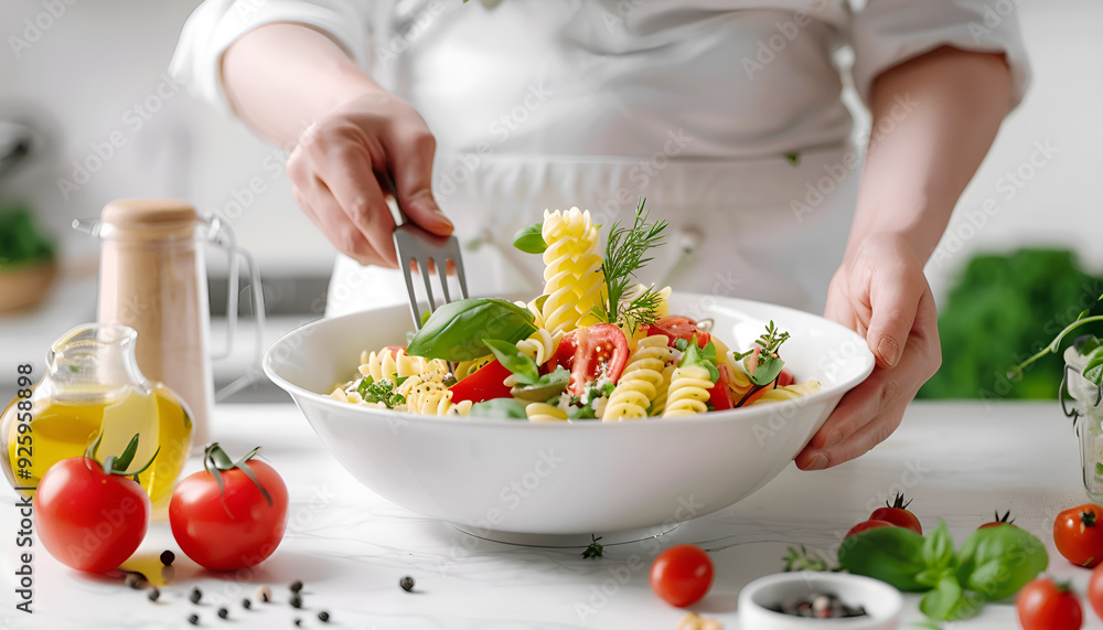 Chef hands preparing delicious cold pasta salad on the table closeup Chef hands preparing delicious cold pasta salad on the table closeup