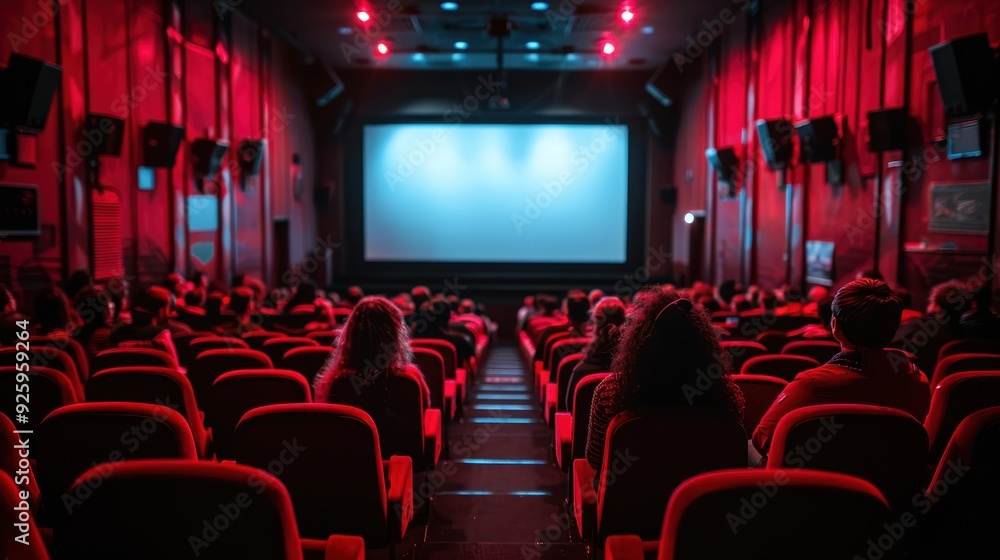 People in the cinema auditorium with Cinema blank wide screen and red chairs in the cinema hall,People silhouettes watching movie performance,empty white screen,space for text,copy space. People in the cinema auditorium with Cinema blank wide screen and red chairs in the cinema hall,People silhouettes watching movie performance,empty white screen,space for text,copy space.
