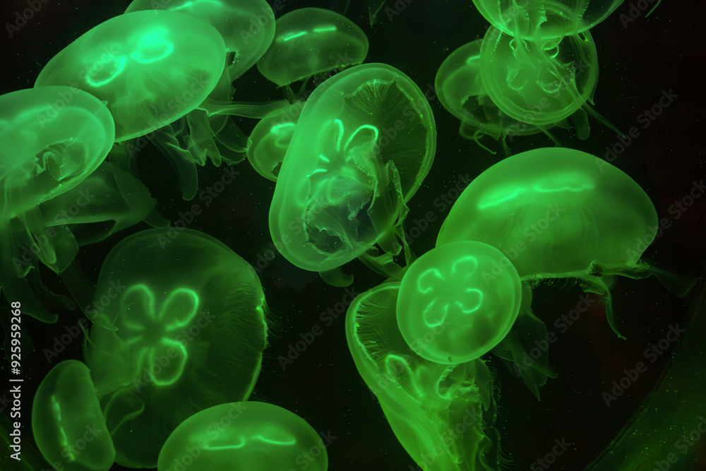 Bioluminescent green jellyfish floating gracefully in the dark. Bioluminescent green jellyfish floating gracefully in the dark.