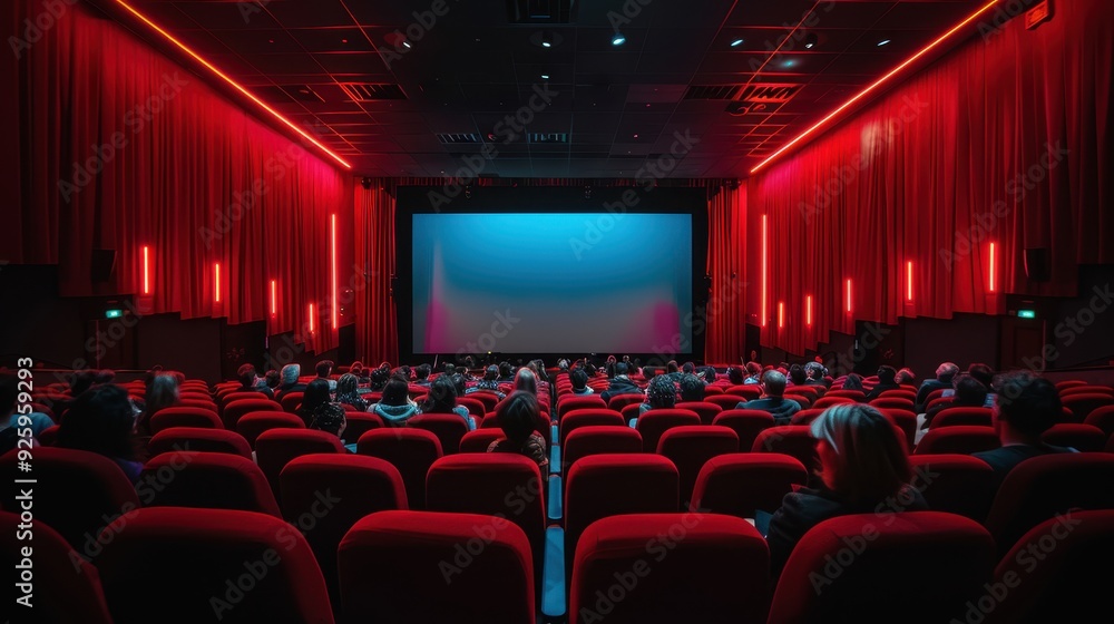 Obraz premium People in the cinema auditorium with Cinema blank wide screen and red chairs in the cinema hall,People silhouettes watching movie performance,empty white screen,space for text,copy space.