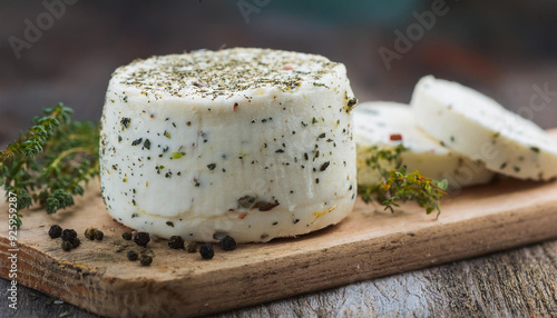 Creamy block of homemade goat cheese with herbs and cracked black pepper on wooden board.