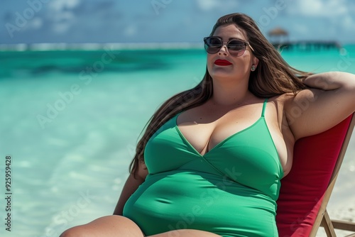 Woman wearing a green swimsuit relaxing on a beach chair by the turquoise water.