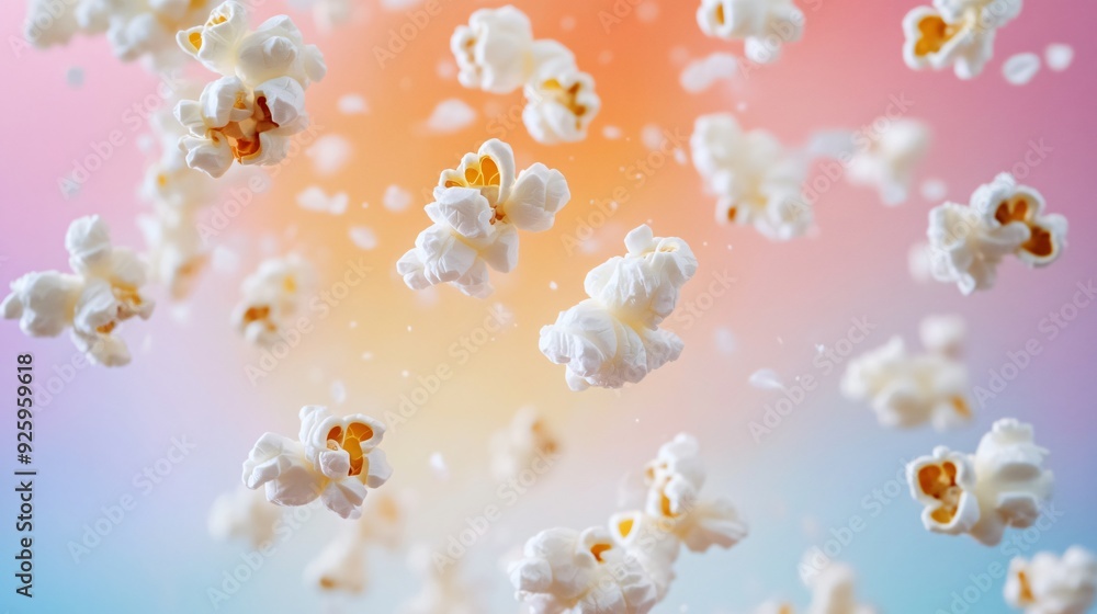 A whimsical scene of popcorn raining down from above, with fluffy white kernels floating against a pastel-colored background A whimsical scene of popcorn raining down from above, with fluffy white kernels floating against a pastel-colored background