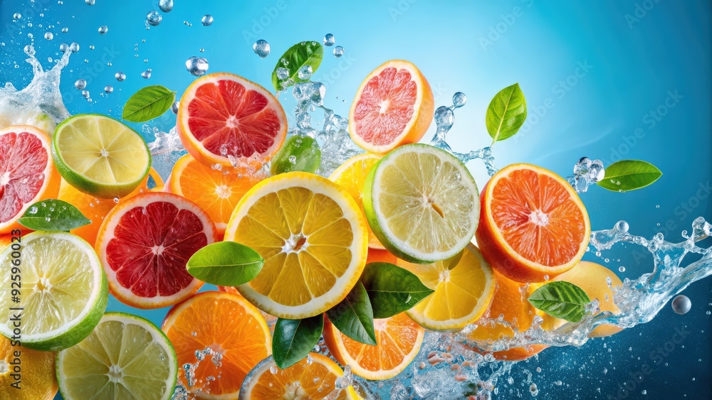 Vibrant citrus fruits with a refreshing splash of water , citrus, summer, freshness, healthy, tropical, juicy Vibrant citrus fruits with a refreshing splash of water , citrus, summer, freshness, healthy, tropical, juicy