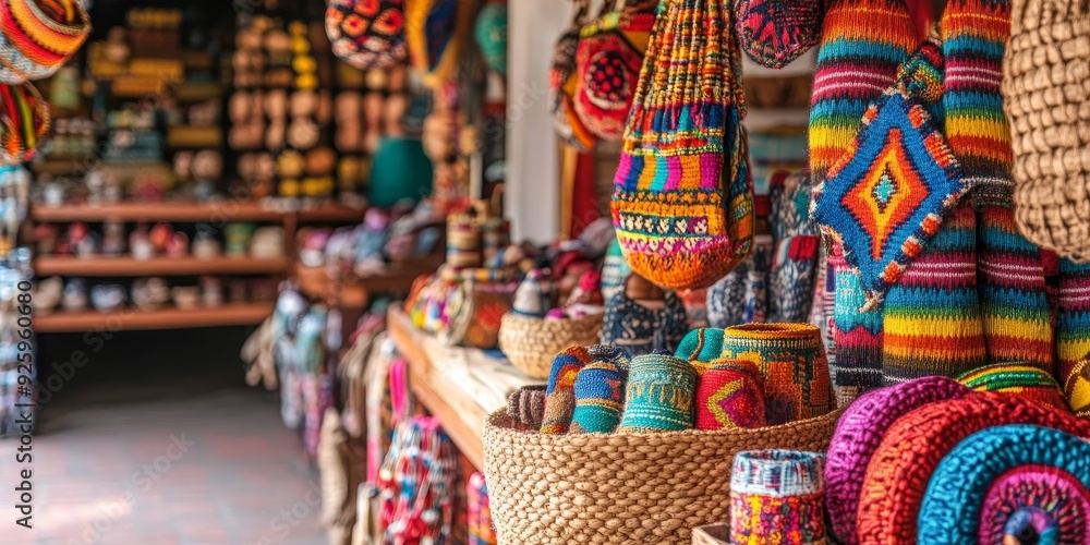Fototapeta premium Detailed view of a local market with colorful crafts and souvenirs, showcasing the vibrant and authentic cultural experiences of travel