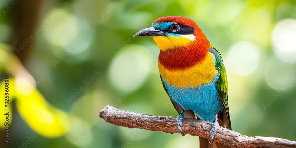 Obraz premium Macro shot of a colorful tropical bird perched on a branch, emphasizing the vivid plumage and exotic allure of wild species