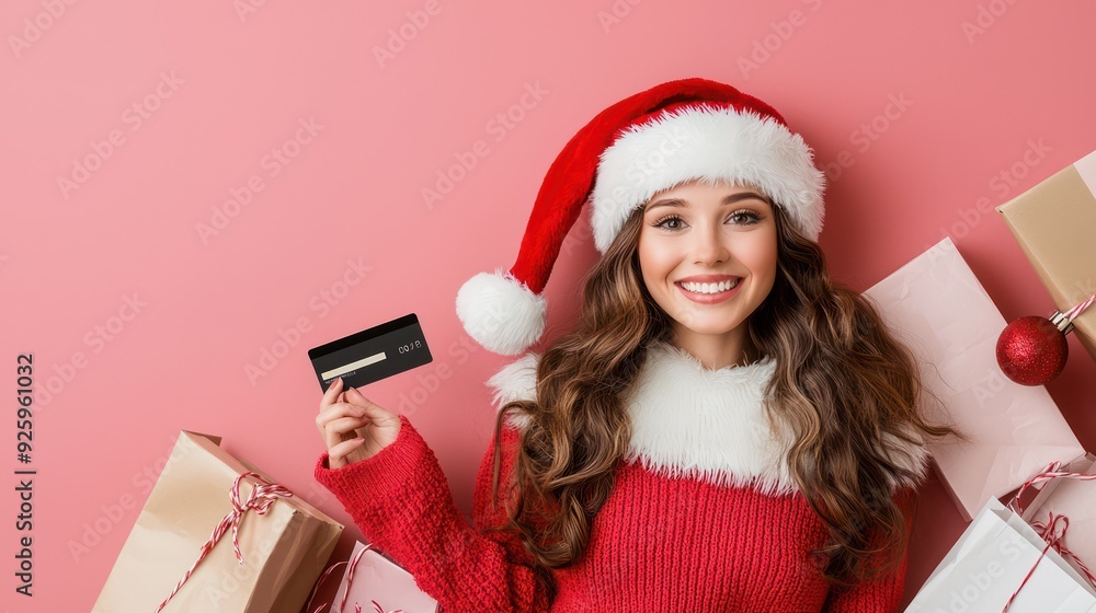 Joyful Female Santa Claus Shopping with Credit Card During Holiday Season, Generative Ai Joyful Female Santa Claus Shopping with Credit Card During Holiday Season, Generative Ai