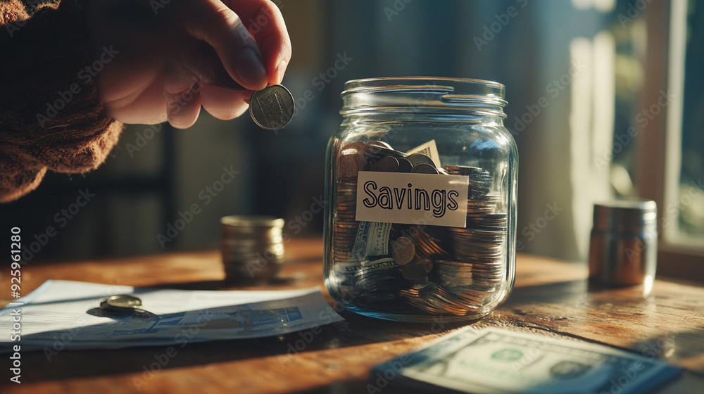 Hand Placing Coin in Savings Jar on Wooden Table Hand Placing Coin in Savings Jar on Wooden Table