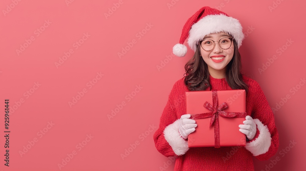 Cheerful Female Santa Claus with Large Red Gift Box on Solid Color Backdrop, Generative Ai Cheerful Female Santa Claus with Large Red Gift Box on Solid Color Backdrop, Generative Ai