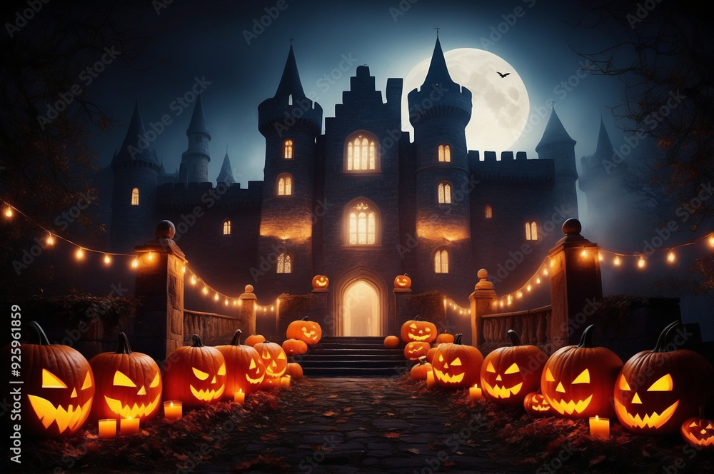 Jack-o'-lanterns in front of the castle Jack-o'-lanterns in front of the castle