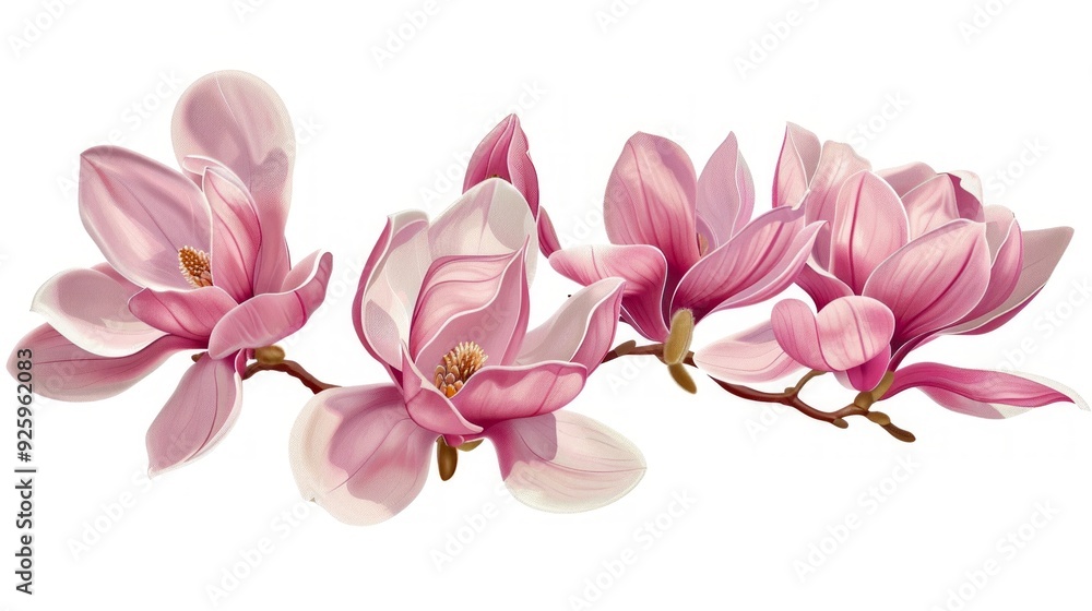 A beautiful illustration of pink magnolia flowers on a branch. The image captures the delicate petals and soft colors of the blossoms in a realistic style. A beautiful illustration of pink magnolia flowers on a branch. The image captures the delicate petals and soft colors of the blossoms in a realistic style.