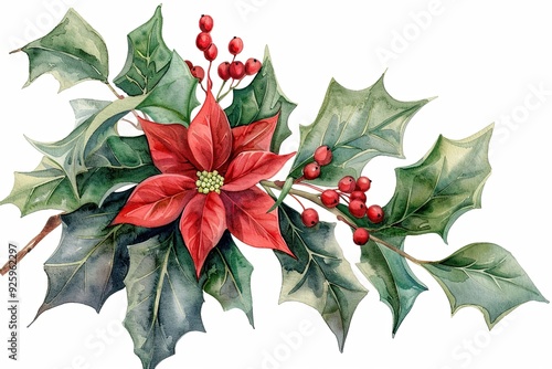 Watercolor poinsettia with holly and berries illustrations, Beautiful watercolor illustrations of red poinsettias combined with holly leaves and berries, perfect for elegant and festive Christmas desi