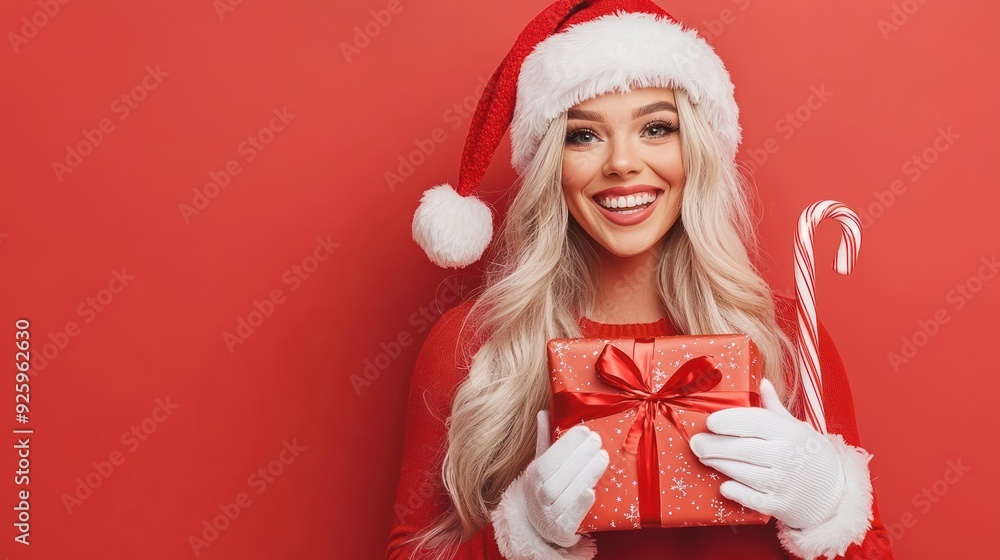 Joyful Female Santa Claus with Gift and Candy Cane - Holiday Cheer and Giving Concept, Generative Ai Joyful Female Santa Claus with Gift and Candy Cane - Holiday Cheer and Giving Concept, Generative Ai