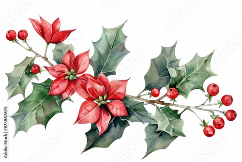 Watercolor poinsettia with holly and berries illustrations, Beautiful watercolor illustrations of red poinsettias combined with holly leaves and berries, perfect for elegant and festive Christmas desi