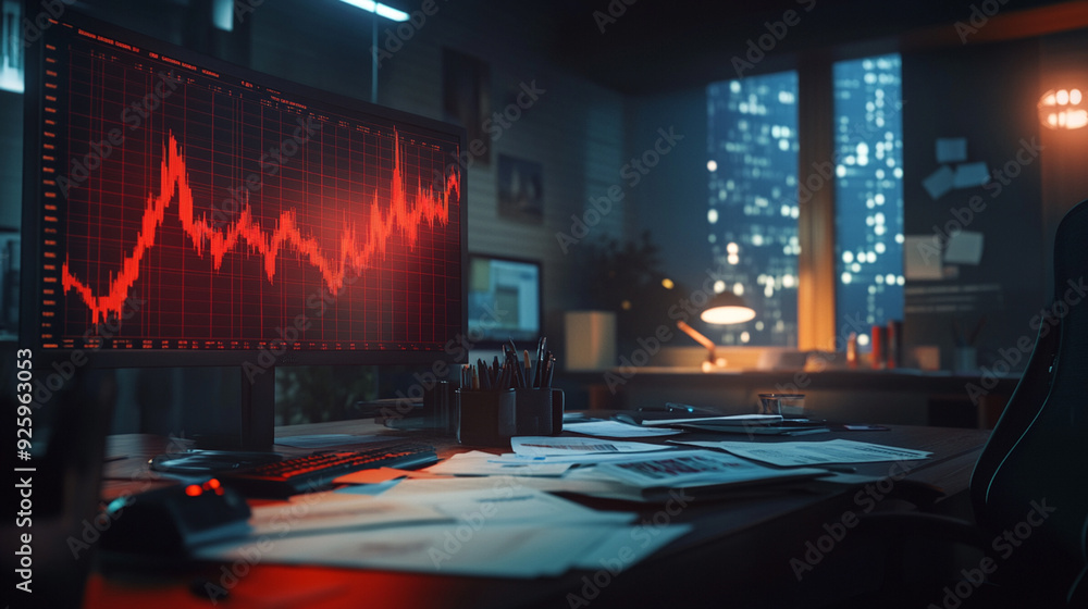 Red Stock Market Chart on Computer Screen in Dark Office Red Stock Market Chart on Computer Screen in Dark Office